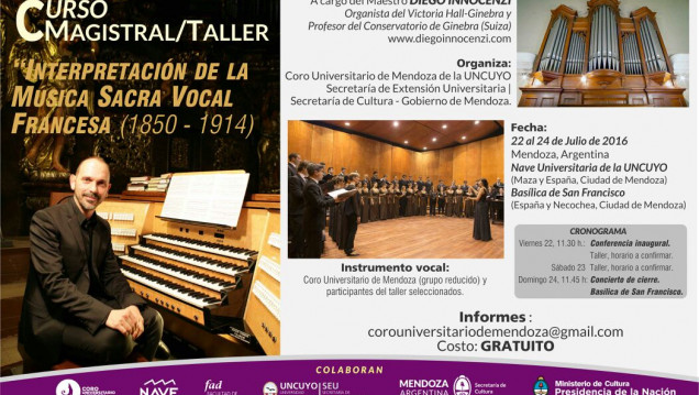 imagen El Coro Universitario de Mendoza ofrecerá una Clase Magistral y un Taller de Interpretación de la Música Sacra Vocal Francesa 