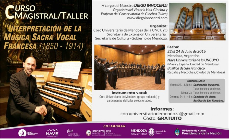 imagen El Coro Universitario de Mendoza ofrecerá una Clase Magistral y un Taller de Interpretación de la Música Sacra Vocal Francesa 