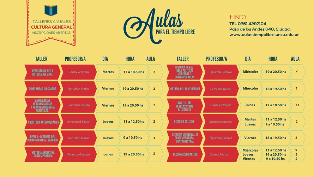 imagen Inscripciones abiertas para los talleres anuales de las Aulas para el Tiempo Libre