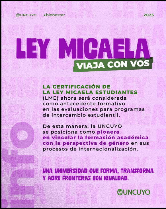 imagen La UNCUYO suma Ley Micaela para Estudiantes como antecedente en postulaciones a intercambios internacionales