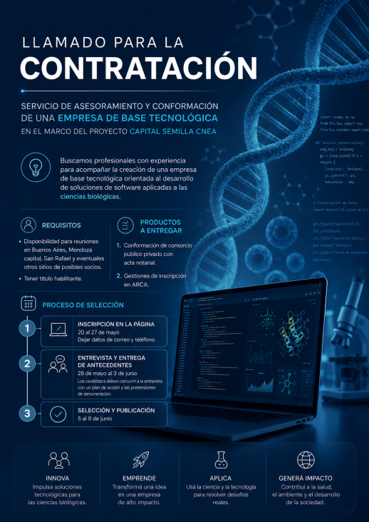 imagen Llamado para la contratación del servicio de asesoramiento y conformación de una empresa de base tecnológica en el marco del proyecto capital semilla CNEA.
