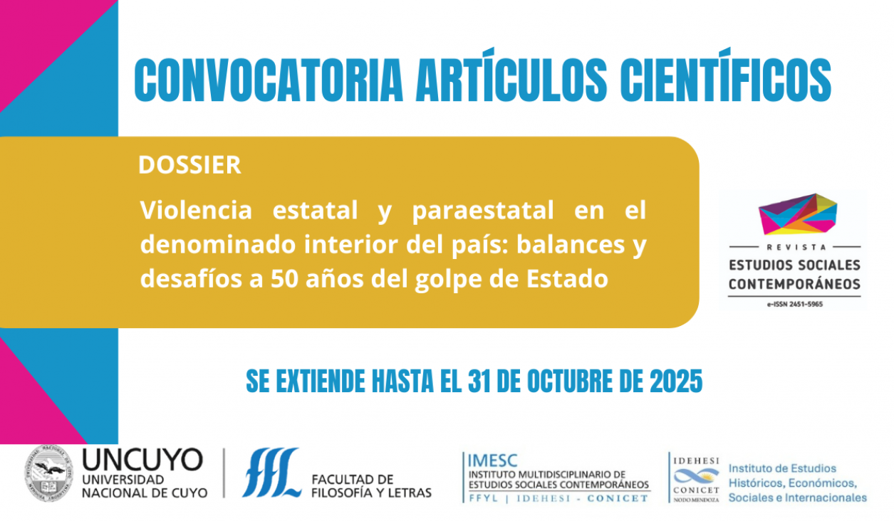 imagen Se prórroga el plazo para la recepción de artículos para el dossier de la revista de Estudios Sociales Contemporáneos: "Violencia estatal y paraestatal en el denominado interior del país: balances y desafíos a 50 años del golpe de Estado"
