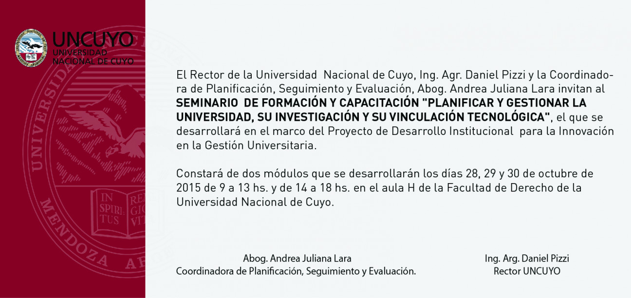 imagen Seminario: "Planificar y gestionar la universidad, su investigación y su vinculación tecnológica"