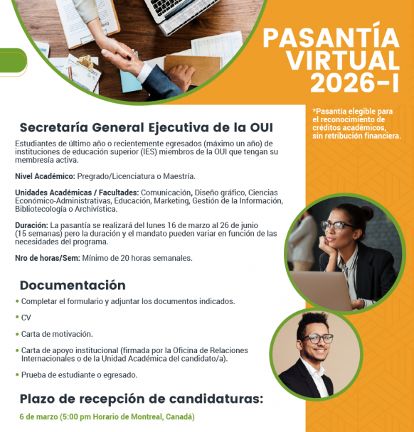 imagen La Organización Universitaria Interamericana (OUI) lanza su convocatoria para realizar pasantías virtuales